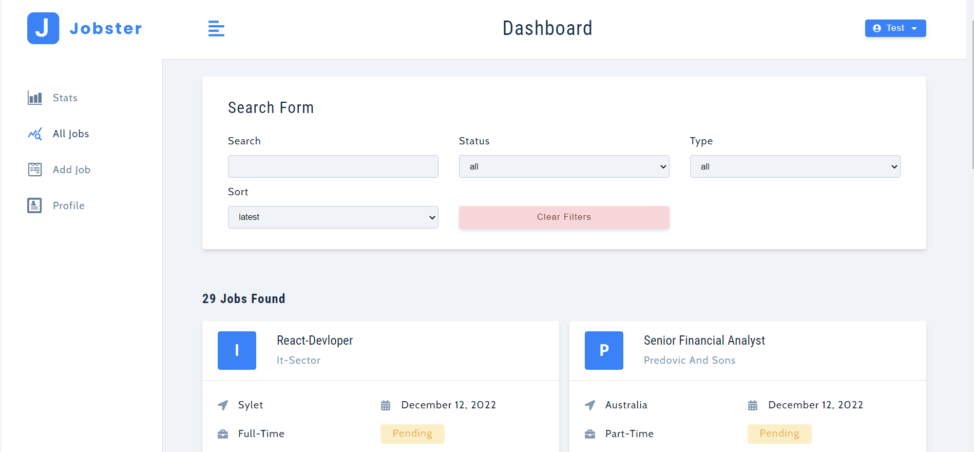 Dashboard All Jobs